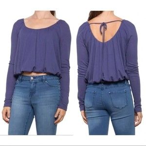 Free People NWT Bondi Thermal Long Sleeve Back Tie Scoop Neck Blue Small New